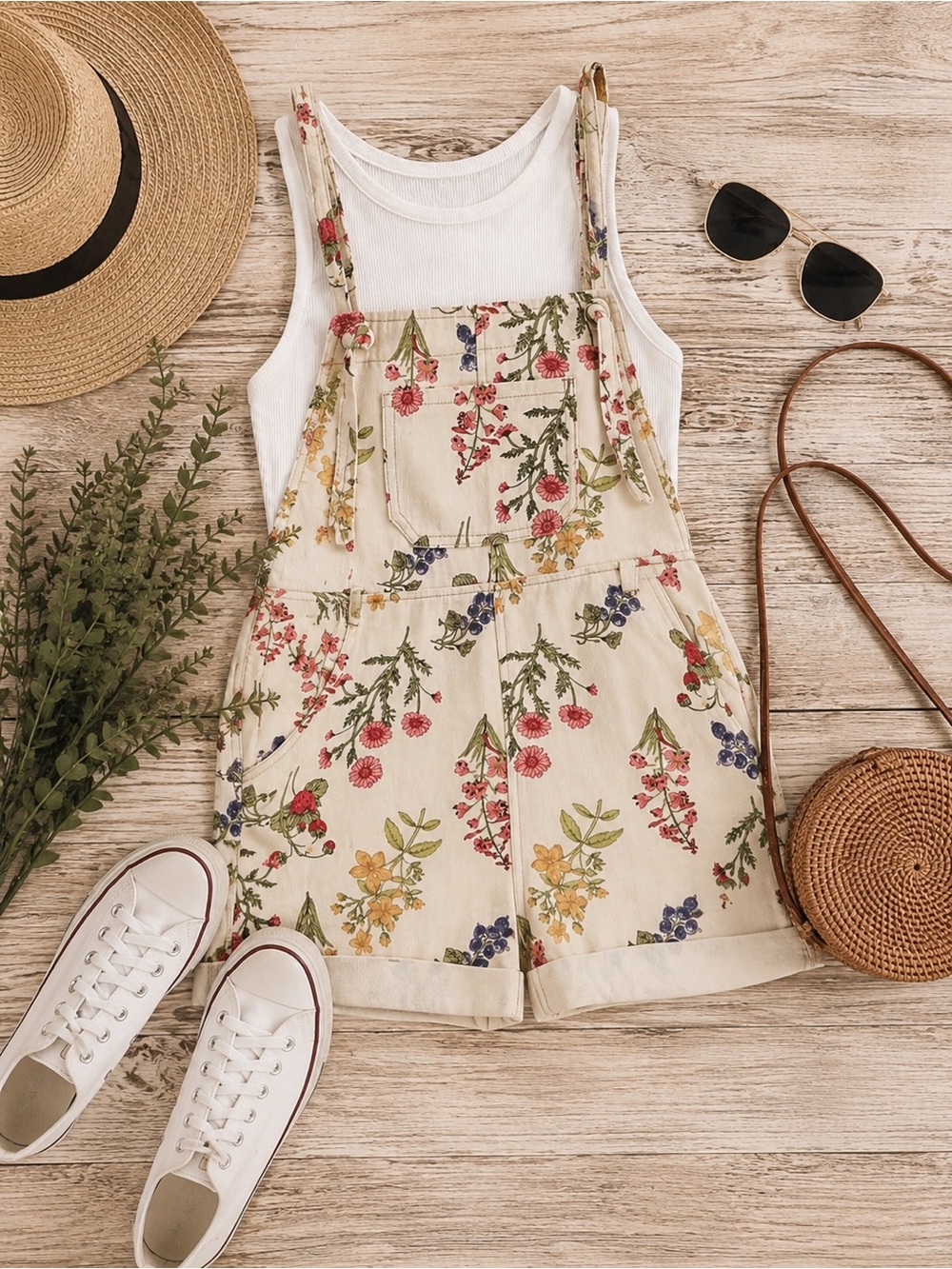Floral Cream Short Overalls Romper